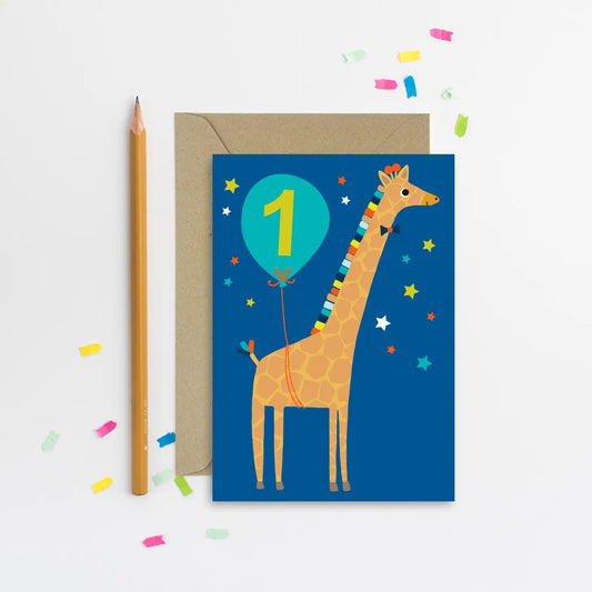 Age 1 Blue Giraffe Kid's Birthday Card image 0