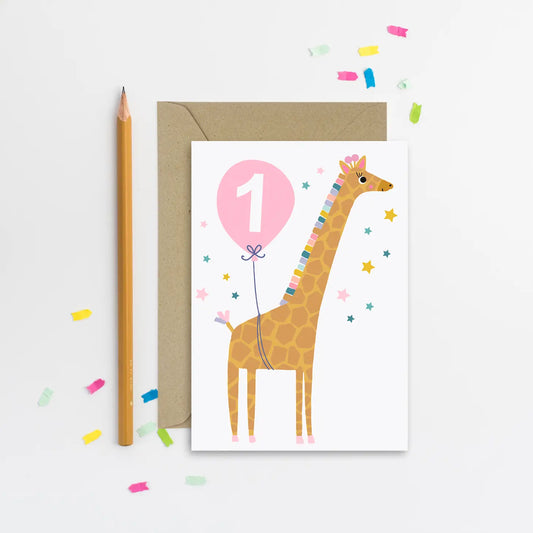 Age 1 Pink Giraffe Kid's Birthday Card image 0