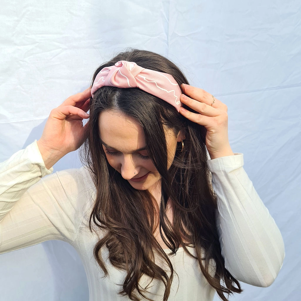 Pink Cotton Handmade Screen Printed Patterned Knot Headband image 1